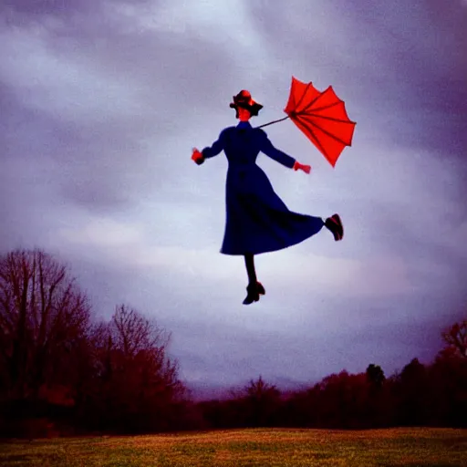 Image similar to Mary Poppins flaoting in the sky blurry photo in the style of Big foot photo