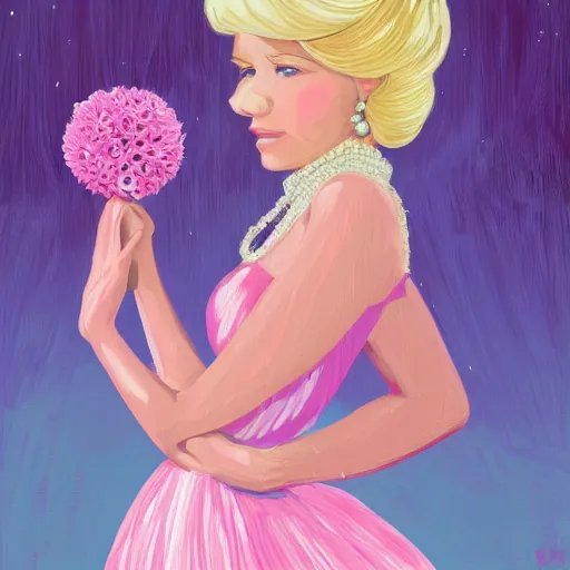 Image similar to Princess with blonde hair and bangs, wearing a fancy pink ball dress and pearl earings, holding a pink and purple flower boquet in a light pink room by Dan Mumford and Sandra Chevrier, 4k, vivid lighting