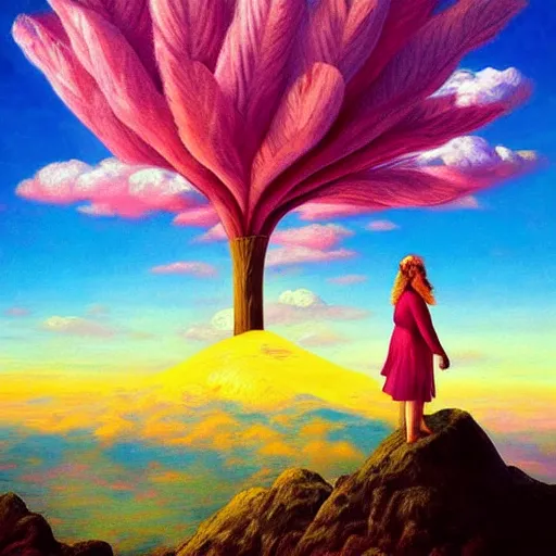Image similar to giant flower head, frontal, woman standing on mountain, surreal photography, sunrise, colorful clouds, impressionist painting, digital painting, artstation, rob gonsalves
