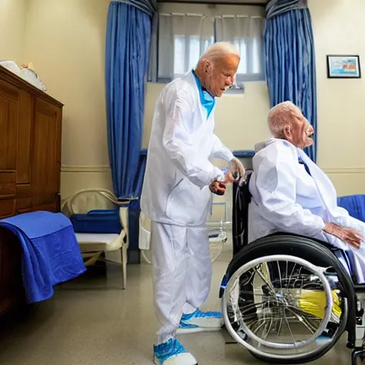 Prompt: a professional atmospheric film like 35mm photograph of Joe Biden wearing a garish hospital gown is drooling with late stage Dementia in a wheelchair at a disgusting run-down senior citizen rest home, there is full bedpan next to him