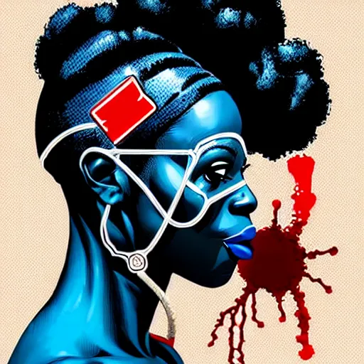 Image similar to a profile photo of a african woman with a diving oxygen mask with side profile blood in ocean intricate details by MARVEL comics and Sandra Chevrier-C