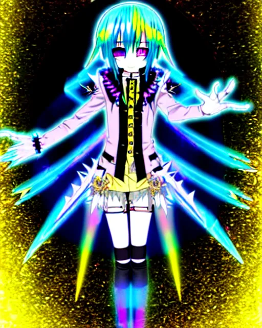 Image similar to a hologram of rimuru tempest with golden yellow eyes and sky blue hair, wearing a gothic spiked jacket, holography, irridescent, baroque visual kei decora art