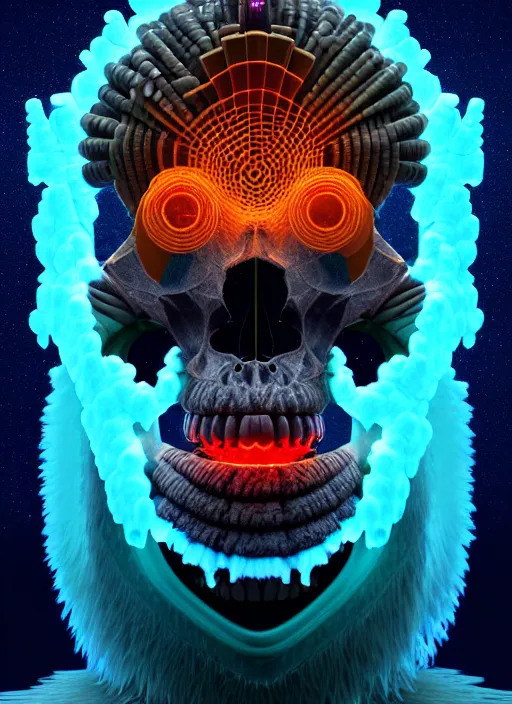 Image similar to 3 d ape shaman mage profile portrait, sigma 5 0 0 mm f / 5. beautiful intricate highly detailed quetzalcoatl skull and feathers. bioluminescent, plasma, lava, ice, water, wind, creature, thunderstorm! artwork by tooth wu and wlop and beeple and greg rutkowski, 8 k trending on artstation,