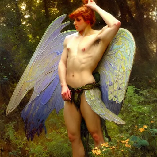 Image similar to attractive male fairy with wings in the forest, posing. highly detailed painting by gaston bussiere, craig mullins, j. c. leyendecker, 8 k