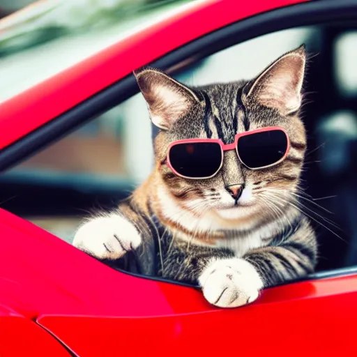 Prompt: cat driving a red ferrari wearing sunglasses