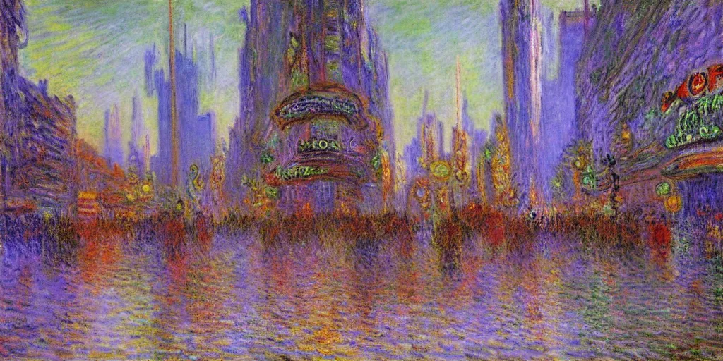 Prompt: unicorn in a futuristic cyberpunk town. By Claude Monet, highly detailed