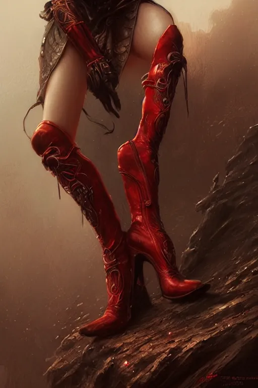 Image similar to red women's boots, by wlop, by luis royo, by peter mohrbacher, concept art, digital illustration, intricate, masterpiece, elegant, super detailed, unreal engine rendering, smooth, sharp focus, artstation hq