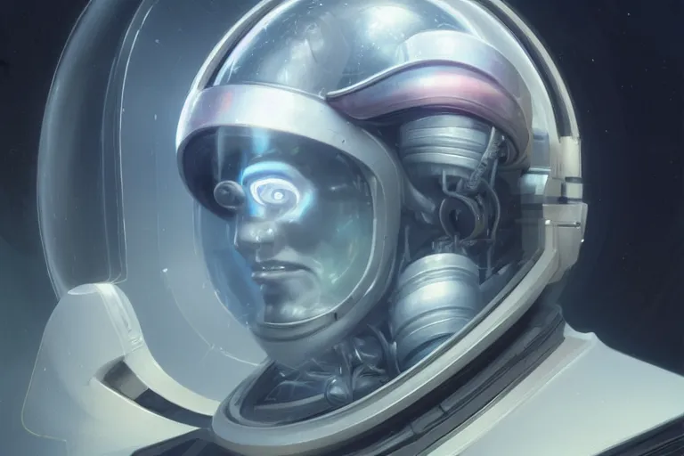 Image similar to portrait of a biomechanical head inside a futuristic space helmet, vintage, neon, white metal, iridescent visor, smooth, sharp focus, high detail, deviantart, artstation, art by Greg Rutkowski,