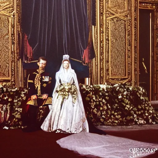 Prompt: An extreme long shot wide shot, Russian and Japanese mix historical fantasy a colored photograph taken of the empress and emperor's royal wedding in their carriage back to the palace, they had a private moment together, golden hour, warm lighting, 1907 photo from the official wedding photographer for the royal wedding.