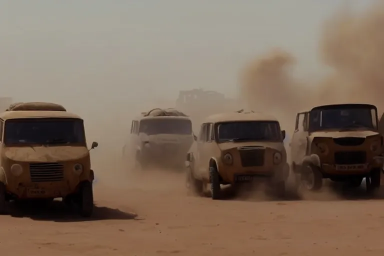 Prompt: epic sandstorm battle, Renault 4 Master cars in the Movie Mad Max: Fury Road (2015