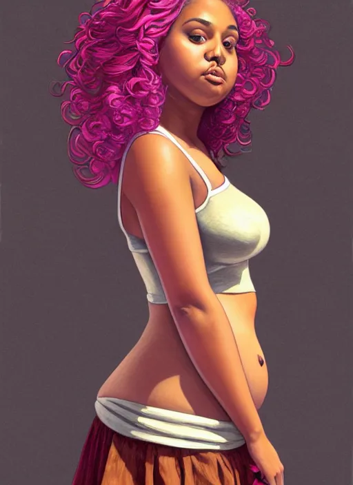 Image similar to full body portrait, teenage vanessa morgan, pink hair, brown skin, obese, curly pixie hair, sultry, realistic, short hair, hoop earrings, skirt, shirt, fat, belly, intricate, elegant, highly detailed, digital painting, artstation, concept art, smooth, sharp focus, illustration, art by wlop, mars ravelo and greg rutkowski