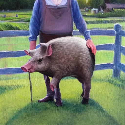 Prompt: a proud englishman farmer showing off his prized blue ribbon hog at the county fair, oil painting