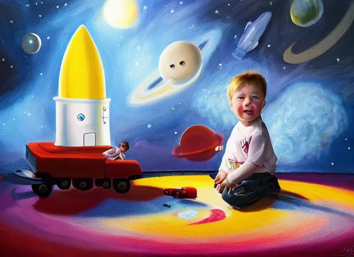 Prompt: toddler elon musk sittingon a shaggy rug playing with his shiny space rockets, realistic painting, beautiful soft lighting, istvan sandorfi