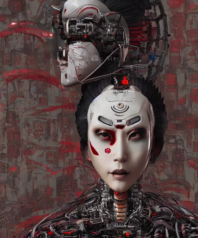 Image similar to an epic fantastic realism comic book style portrait painting of a japanese robotic : akira, nanotech demonic monster horror, geisha with chinese pattern tattoos and, inspired by the lord of ghost in the shell, octane render, intricate detail, 8 k hd, unreal engine 5, ex machina, irobot