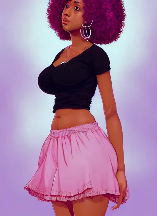 Image similar to full body portrait, teenage vanessa morgan, pink hair, obese, black girl, curly pixie hair, sultry, realistic, short hair, hoop earrings, skirt, shirt, fat, belly, intricate, elegant, highly detailed, digital painting, artstation, concept art, smooth, sharp focus, illustration, art by wlop, mars ravelo and greg rutkowski