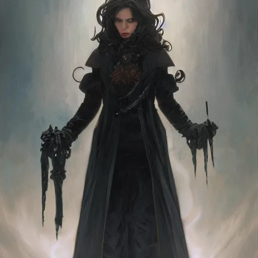 Image similar to oil painting of evil grumpy dark haired women, ice mage by travis charest, alphonse mucha, and greg rutkowski, black coat, black makeup,, shooting ice, fantasy artwork, fantastic artwork, 4 k, trending on artstation