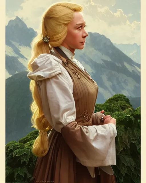 Image similar to Portrait of a  blonde lady and Michael mcintyre as characters in the Sound of Music,real life skin, intricate, elegant, highly detailed, artstation, concept art, smooth, sharp focus, art by artgerm and greg rutkowski and alphonse mucha