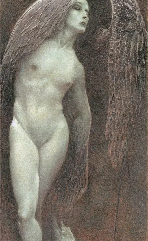 Image similar to Say who is this with silver hair so dark and Wan! and thin? beautiful lone single Male!! angel, Hades Death, in the style of Jean Delville, Lucien Lévy-Dhurmer, Fernand Keller, Fernand Khnopff, oil on canvas, 1896, 4K resolution, aesthetic, mystery
