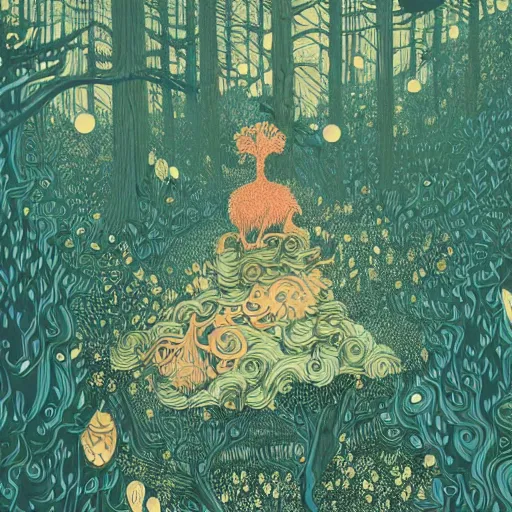 Image similar to detailed illustration of a of a monster in an ornate forest by victo ngai