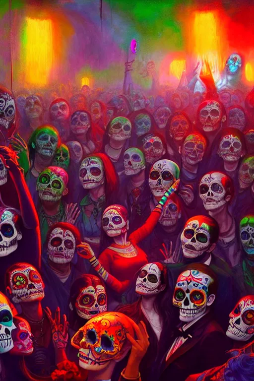 Prompt: scene from a rave, celebrating day of the dead, vibrant colours, beautiful, digital art, winning award masterpiece, trending on artstation, painting by otto dix and greg rutkowski, 8 k