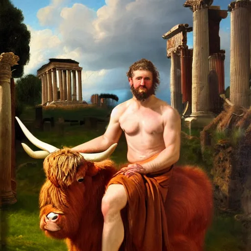 Prompt: idealized oil painting portrait of a man wearing a roman toga, posing with a highland cow, in the roman forum.