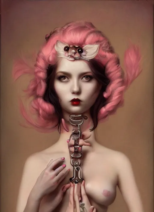 Image similar to pop surrealism, lowbrow art, realistic seductive cute woman painting, pink body harness, hyper realism, muted colours, rococo, natalie shau, loreta lux, tom bagshaw, mark ryden, trevor brown style,