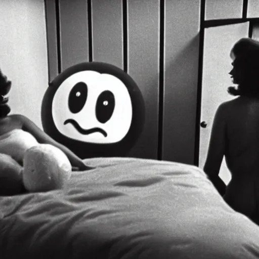 Image similar to bored housewife meets a smiley inflatable toy in a seedy motel room, 1978 color Fellini film, ugly motel room with dirty walls and old furniture, archival footage, technicolor film, 16mm, live action, John Waters, campy and colorful