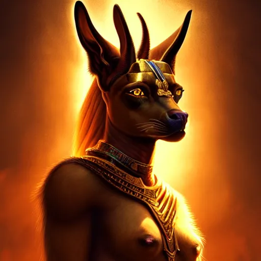 Image similar to Majestic gracious Anubis female warrior portrait, atmospheric lighting, painted, intricate, volumetric lighting, beautiful, rich deep colours masterpiece, golden hour, sharp focus, ultra detailed, by Leesha Hannigan, Ross Tran, Thierry Doizon, Kai Carpenter, Ignacio Fernández Ríos