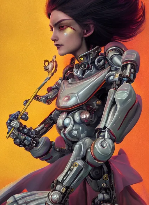 Image similar to an anthropomorphic beautiful mecha female wizard portrait holding a staff wearing colourful robe, fine art, award winning, intricate, elegant, sharp focus, octane render, hyperrealistic, cinematic lighting, highly detailed, digital painting, 8 k concept art, art by jamie hewlett and z. w. gu, masterpiece, trending on artstation, 8 k