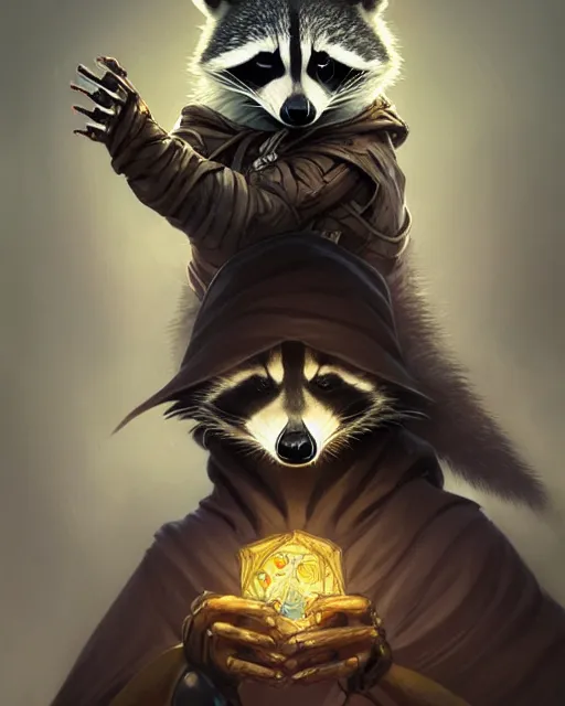 Image similar to anthropomorphic hooded raccoon cleiric, deep focus, d & d, fantasy, intricate, elegant, highly detailed, digital painting, artstation, concept art, matte, sharp focus, illustration, hearthstone, art by artgerm and greg rutkowski and alphonse mucha