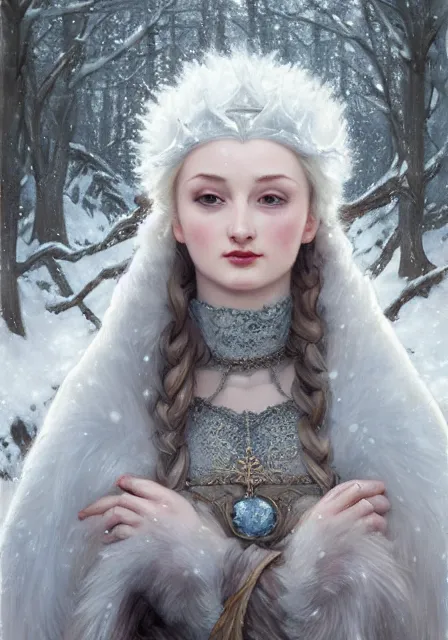 Prompt: sansa snow queen furry ice cold winter, intricate, elegant, highly detailed, digital painting, artstation, concept art, smooth, sharp focus, illustration, art by artgerm and greg rutkowski and alphonse mucha and william - adolphe bouguereau