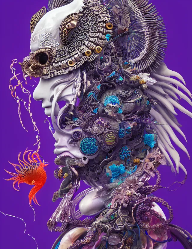 Image similar to 3 d goddess close - up profile solarpunk portrait ram skull. beautiful intricately detailed japanese crow kitsune mask and clasical japanese kimono. betta fish, jellyfish phoenix, bio luminescent, plasma, ice, water, wind, creature, artwork by tooth wu and wlop and beeple and greg rutkowski