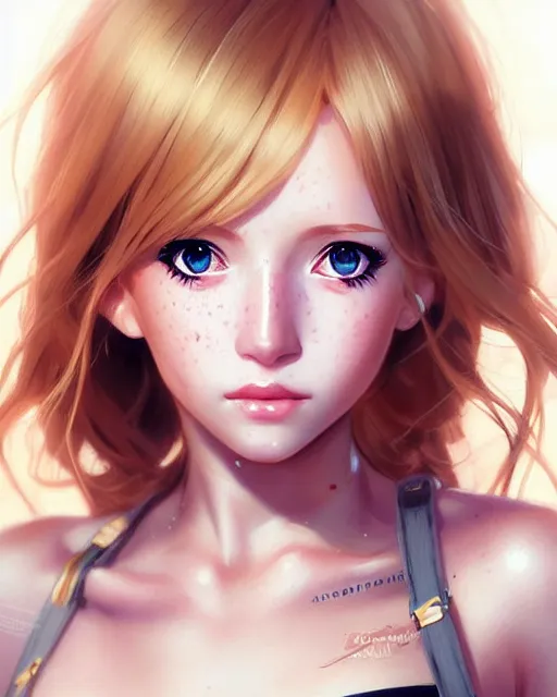 Image similar to portrait Anime freckled blonde space cadet girl Anna Lee Fisher anime cute-fine-face, pretty face, realistic shaded Perfect face, fine details. Anime. realistic shaded lighting by Ilya Kuvshinov Giuseppe Dangelico Pino and Michael Garmash and Rob Rey, IAMAG premiere, aaaa achievement collection, elegant freckles, fabulous