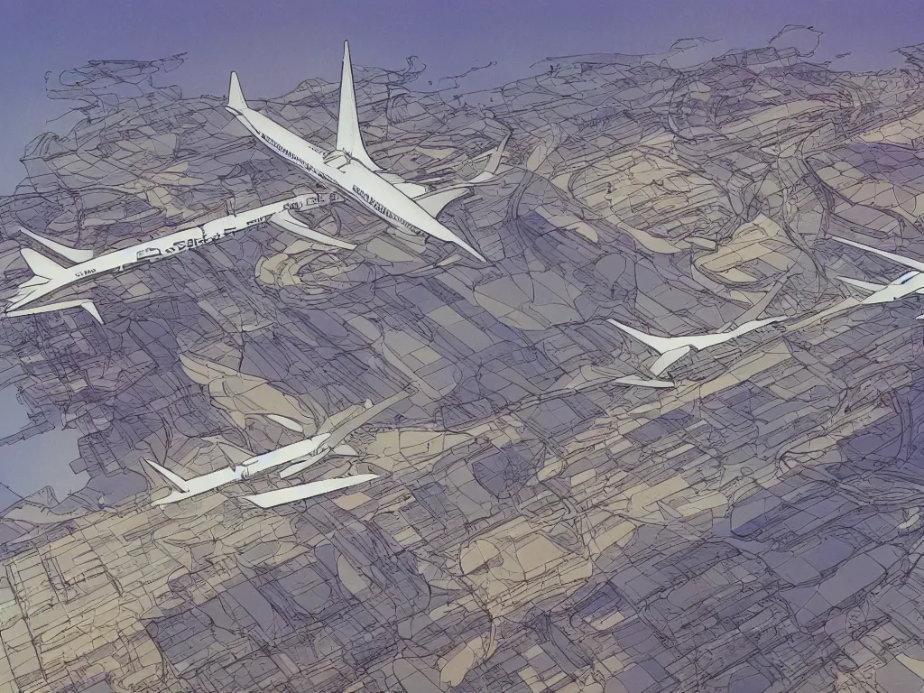 Prompt: community of people living in large airport with tall windows, looking at the horizon. moebius