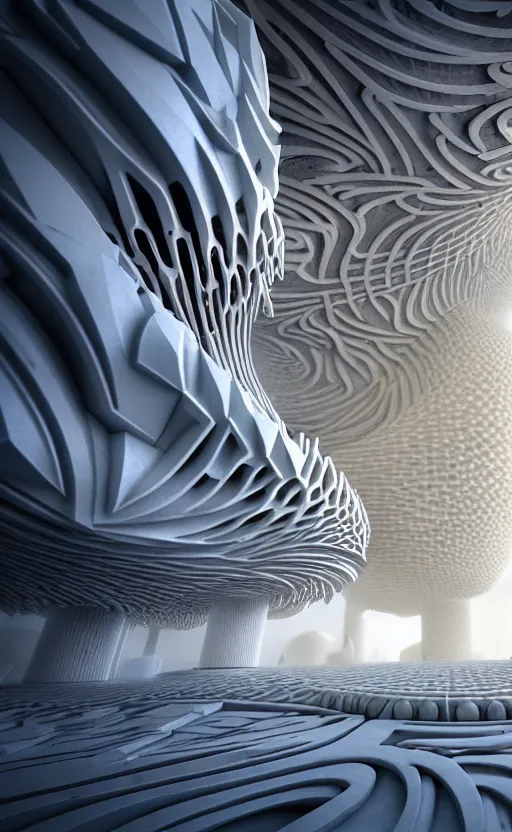 Image similar to highly detailed 3 d render cinematic composition of a white fluid fractal sci - fi surreal architecture landscape, marble, stone, magnesium, archviz, vincent callebaut composition, mamou - mani, beautiful lighting, hyper detailed, 8 k, unreal engine, hdr, dof