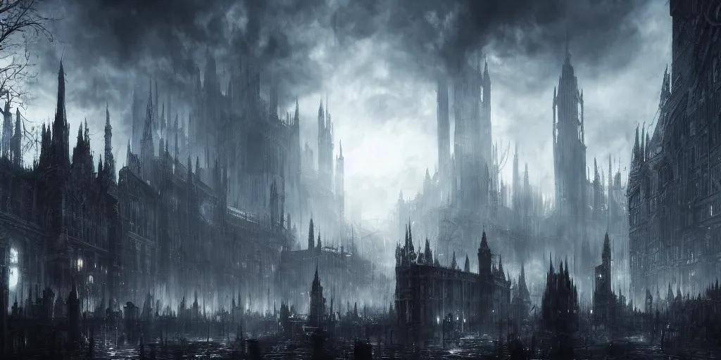 Prompt: a huge crowded megacity in the style of bloodborne, dark souls, demon souls, gothic art, dark fantasy, concept art, digital painting, volumetric lighting, trending on art station, evening time, warm sun light, god rays, highly detailed