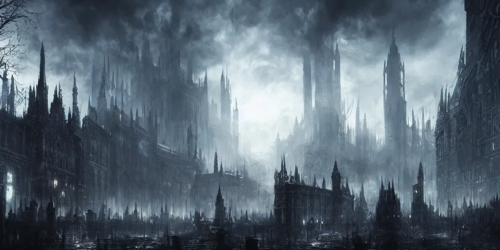Image similar to a huge crowded megacity in the style of bloodborne, dark souls, demon souls, gothic art, dark fantasy, concept art, digital painting, volumetric lighting, trending on art station, evening time, warm sun light, god rays, highly detailed