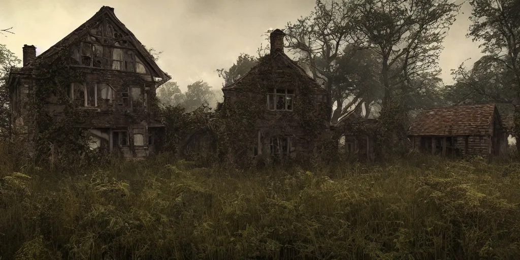 Prompt: photorealistic, ruined english cottage, overgrown vegetation, apocalypse, night, fog, shadowy creatures lurking, hyperrealistic, grimdark, artstation