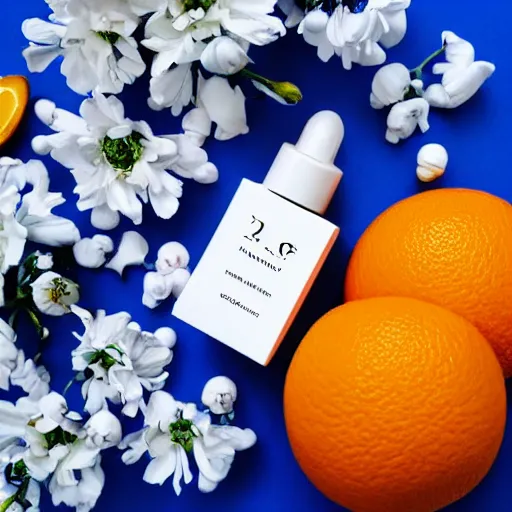 Image similar to centered bright perfume bottle sitting on a white clean surface surrounded by a plethora of white flowers and oranges upfront, with dreamy bright blue sky and clouds in the background, softly - lit, soft - warm, zen, light, modern minimalist f 2 0 clean