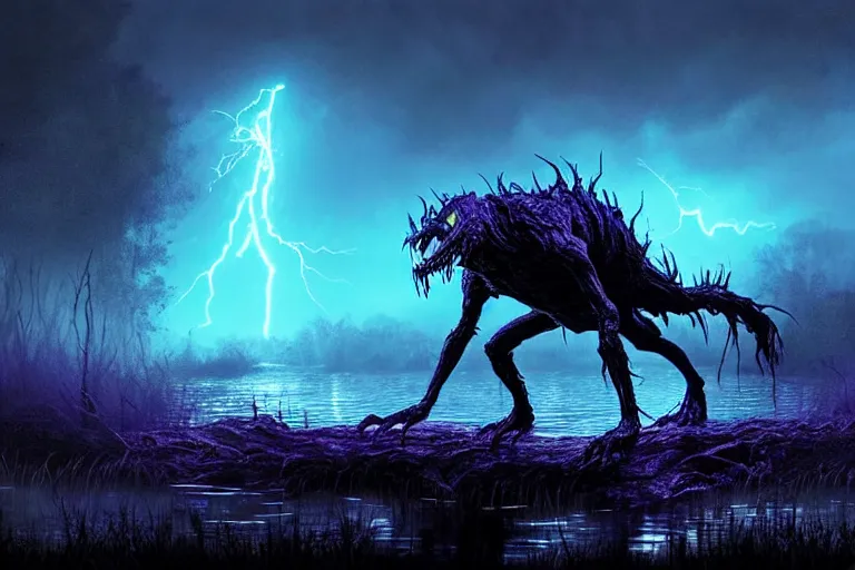 Image similar to monstrous creature emerging from a dark swamp in a moonless night. lit by fireflies only. eerie ligting. storm clouds above. gradient blue to black. purple lightnings. digital art. concept art. matte painting. ultra detailed. smooth. by keith thompson and scott m fisher