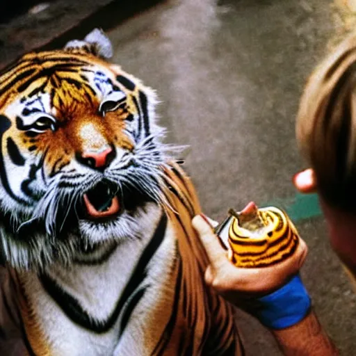 Image similar to 9 0 s photography of a tiger smoking pot in the streets