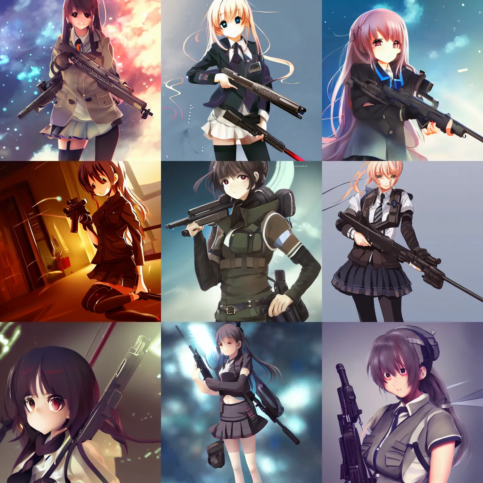 Prompt: anime, full body, cute, female, a pretty girl wearing a school uniform and holding a sniper rifle, light and shadow effects, highly detailed, digital painting, art station, sharp focus, illustration, concept art, advanced digital anime art