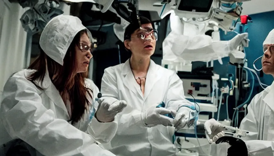 Prompt: big budget horror movie about cyborgs performing illegal organ transplants, while one beautiful female scientist watches in horror from the side