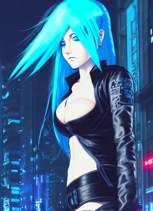 Image similar to hyper realistic photograph portrait of cyberpunk pretty girl with blue hair, beautiful blue eyes, wearing a full leather outfit, holding a whip, in city street at night, by makoto shinkai, ilya kuvshinov