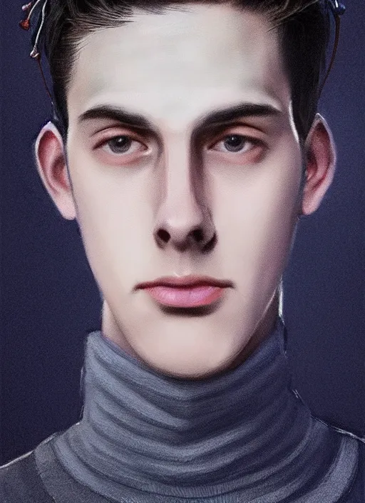 Image similar to portrait of teenage jughead jones wearing a light grey crown, crown, blue turtleneck, 1 9 5 0 s, closed eyes, photorealistic, black hair, glowing lighting, intricate, elegant, glowing lights, highly detailed, digital painting, artstation, concept art, smooth, sharp focus, illustration, art by wlop, mars ravelo and greg rutkowski