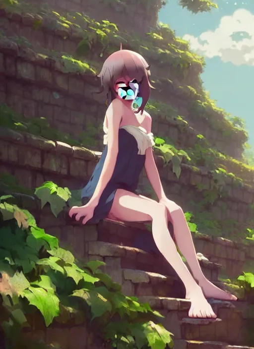 Image similar to girl sitting on a stone stair under a vine rack, illustration concept art anime key visual trending pixiv fanbox by wlop and greg rutkowski and makoto shinkai and studio ghibli