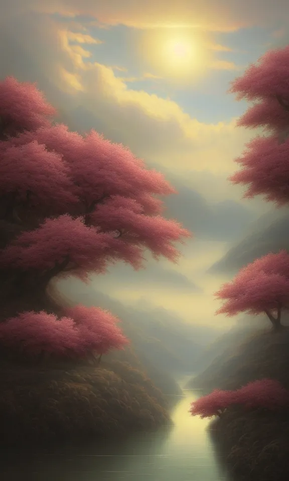 Image similar to a beautiful landscape matte painting of cherry trees with petals flying in the sky beside a river, by christophe vacher, trending on artstation