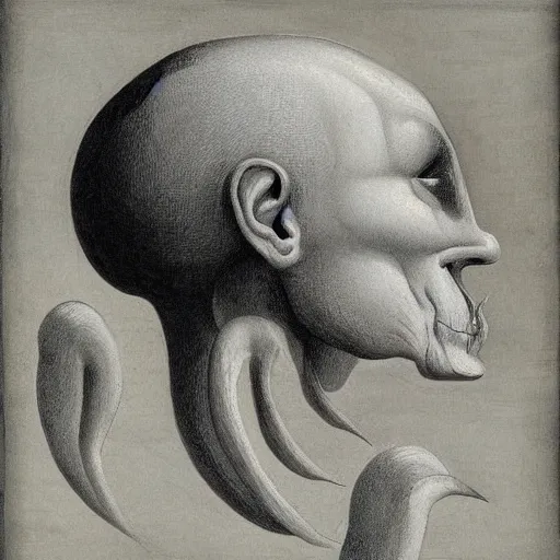 Image similar to A beautiful body art of of a giant head. The head is bald and has a big nose. The eyes are wide open and have a crazy look. The mouth is open and has sharp teeth. The neck is long and thin. ancient Greek architecture by Greg Girard, by Henry Fuseli balmy