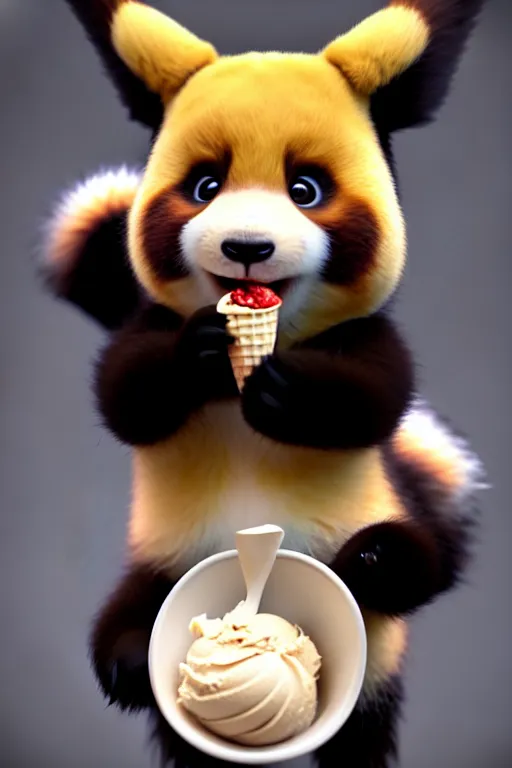 Image similar to high quality 3 d render hyperrealist very cute lowbrow happy panda & fox hybrid eating ice cream, vray smooth, in the style of detective pikachu, very dramatic light, low angle, uhd 8 k, shallow depth or field