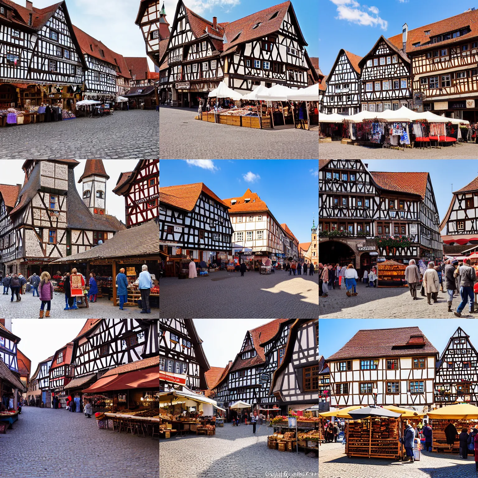 Prompt: A photograph taken in the market Square of a medieval town, Germany 1200AD. midday, clear sky. The market is filled with merchants selling goods and surrounded by Half-timbered houses. cobblestone, brick, market, tents, merchants. 75mm